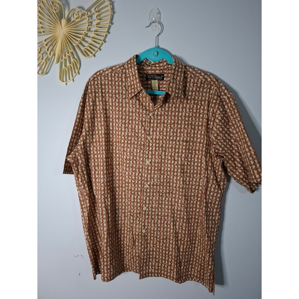 Tori Richard Mens XL Cotton Lawn Button Down Shirt Brown Geometric Short Sleeve